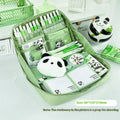 Green canvas pencil case with panda design showing 12-layer compartments open