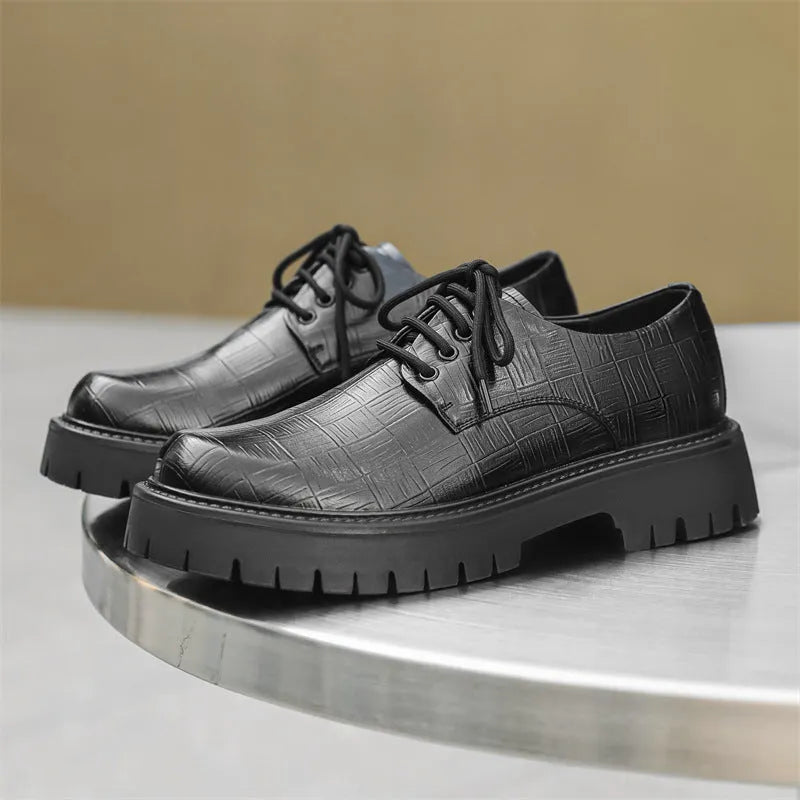 Black low top casual shoes with genuine leather upper, round toe, chunky heel and rubber sole.