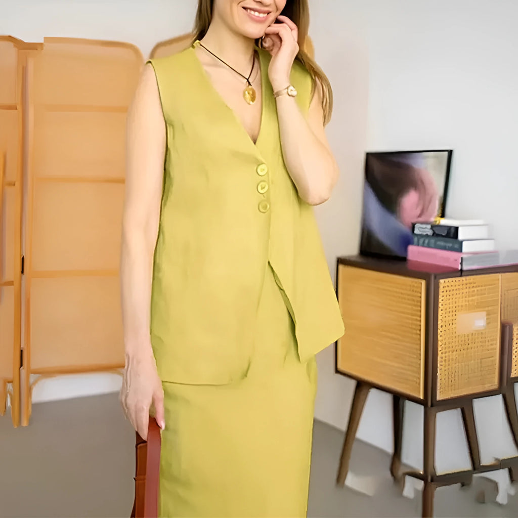 Women's casual two-piece set with sleeveless vest and long skirt in white, blue or yellow