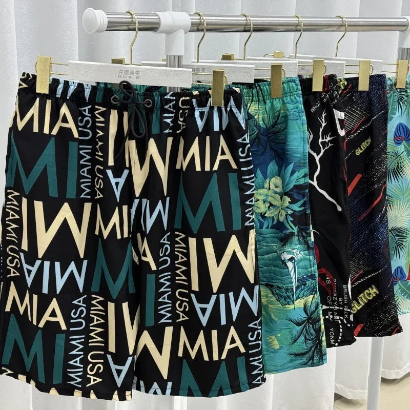 Men's loose ice silk beach pants with stripe and floral print, free size for 55-95kg.