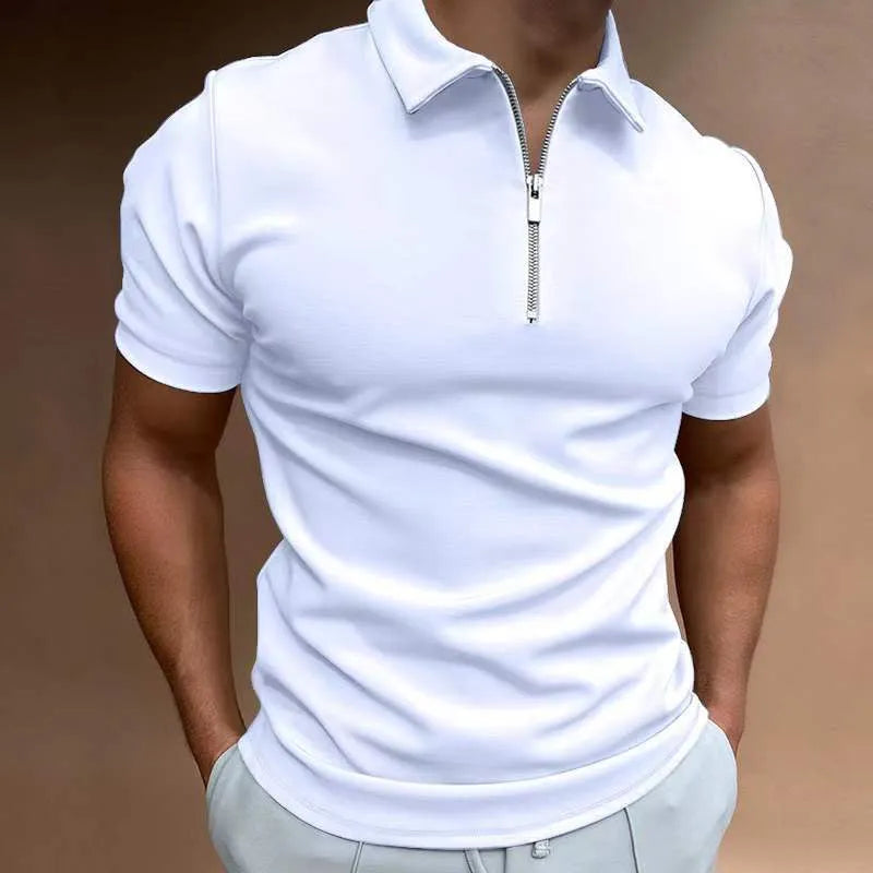 Man wearing a loose-fit navy blue polyester polo shirt for casual leisure wear