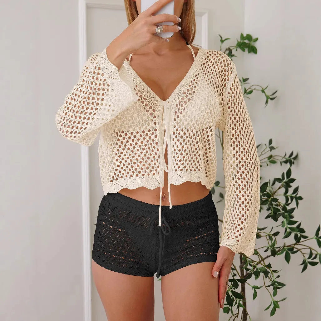 Women's cardigan blouse with hollow woven fabric and bell sleeves in solid colour