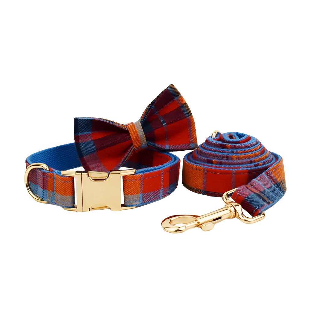 Blue velvet plaid dog collar and matching lead set with optional decorative bow accessory