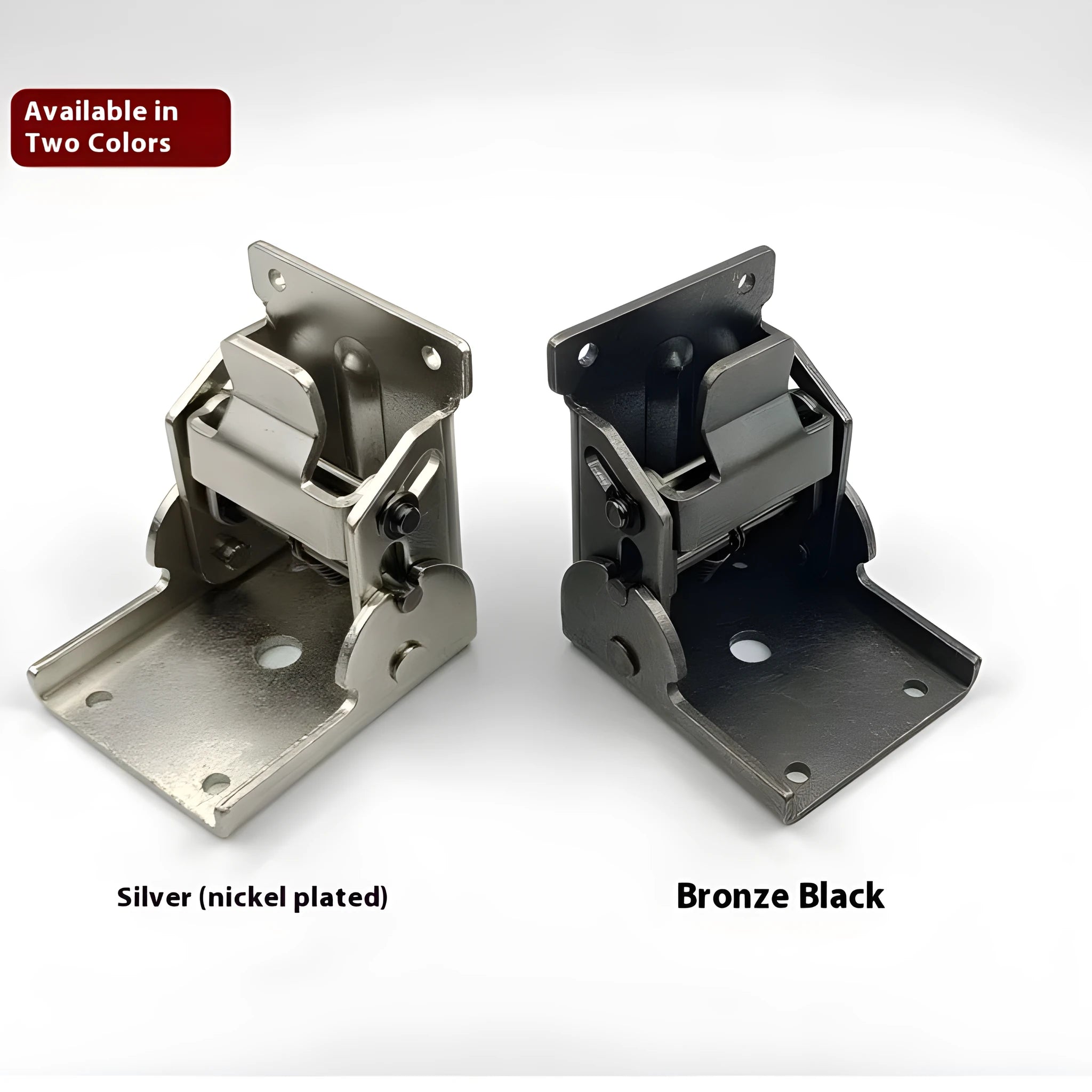 Adjustable 0-90 degree invisible self-locking furniture corner hinge in various electroplated finishes.