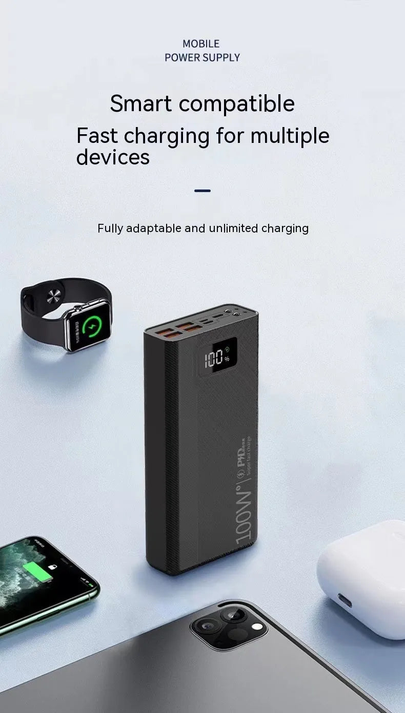 Black and white large capacity power bank with fast charging function showing dimensions