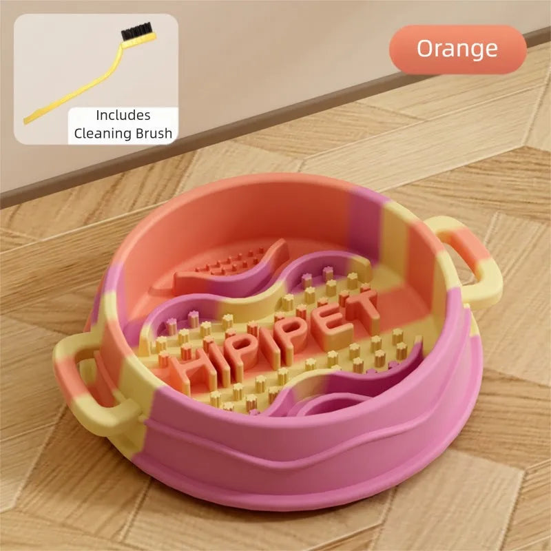 Colourful silicone slow food bowl with double-ear handles and maze interior for dogs and cats
