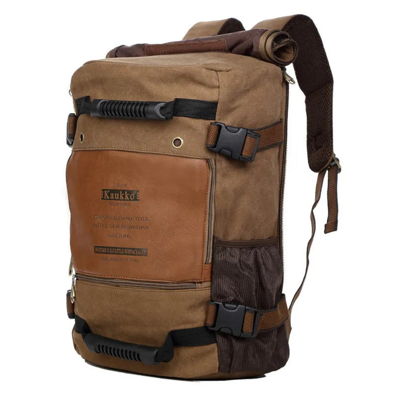 Canvas backpack with square vertical section and side pocket in khaki