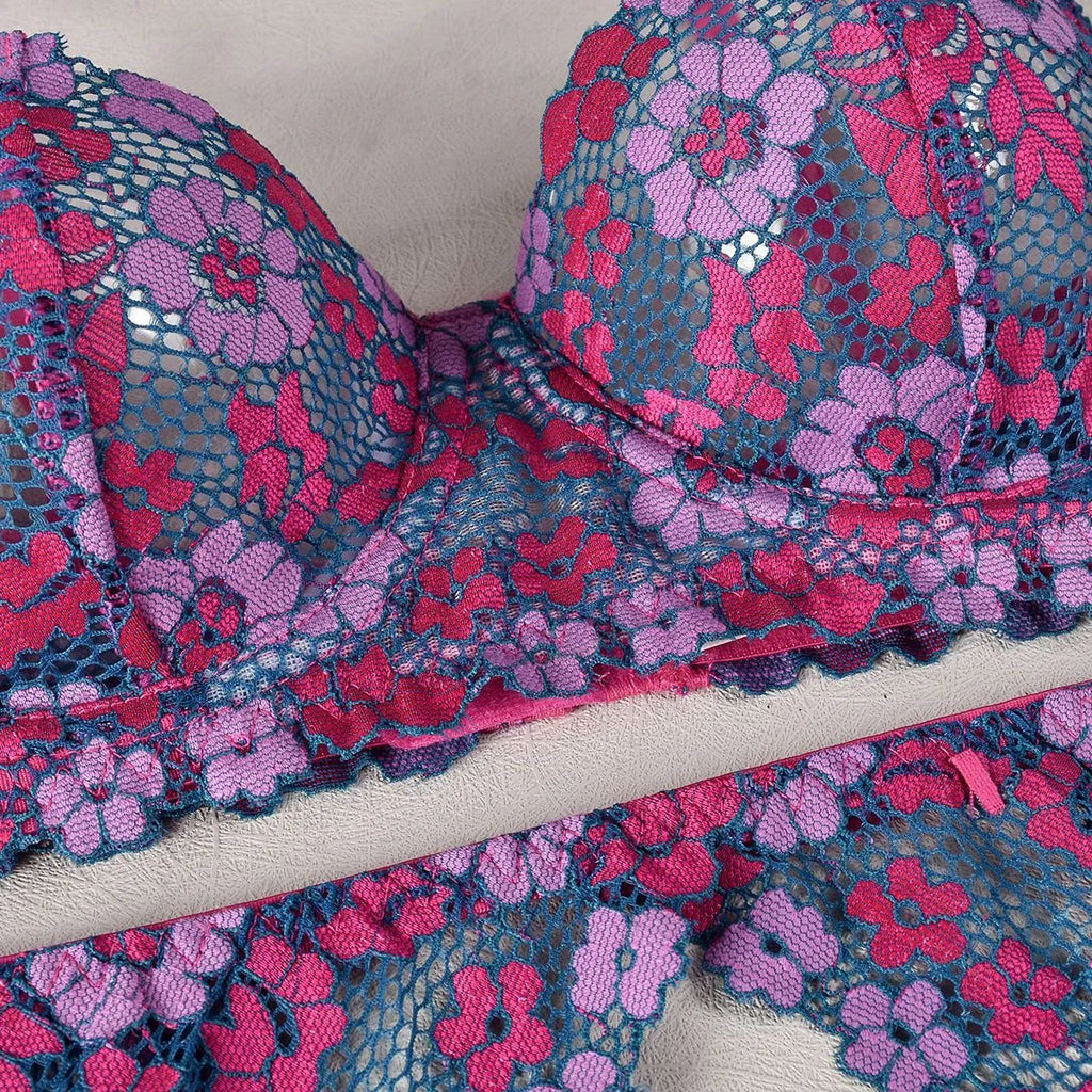 Rose red women's two-piece bikini set with contrast colour panels and fashion embroidery detail.