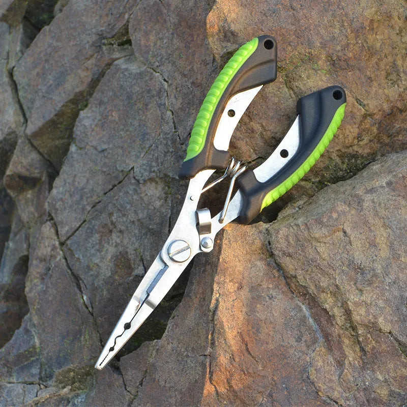 Straight mouth fishing pliers with hook tool, red ABS plastic handle, on a nylon bag with strap.