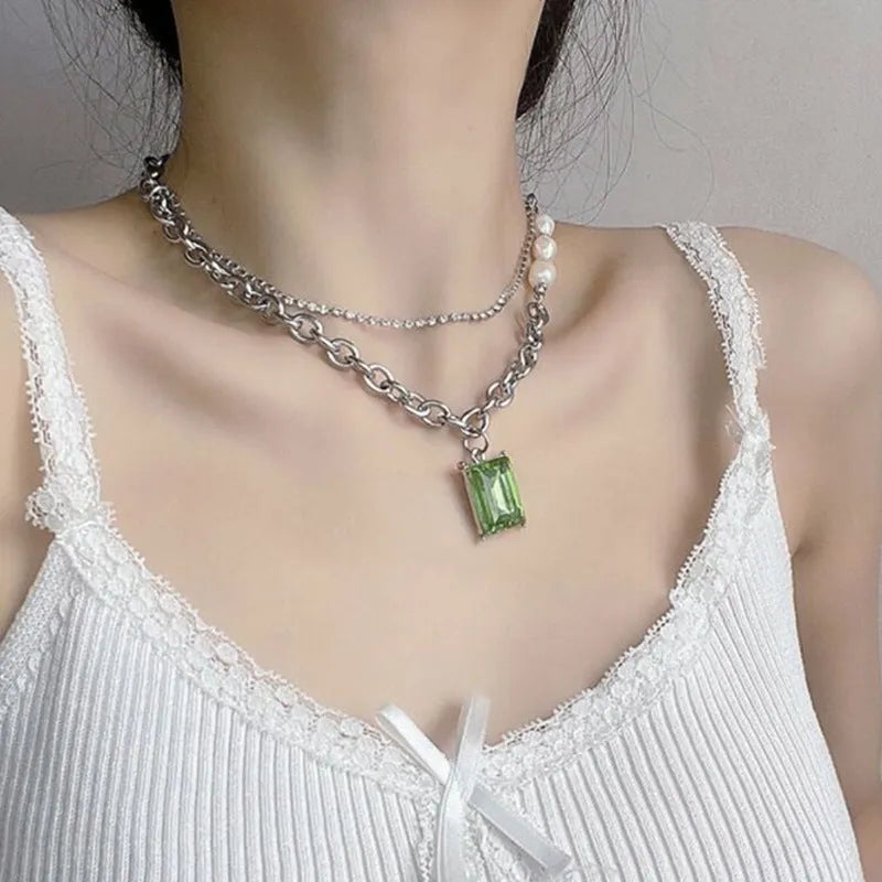 Green square brick stainless steel necklace with artificial crystal geometric pendant and adjustable chain