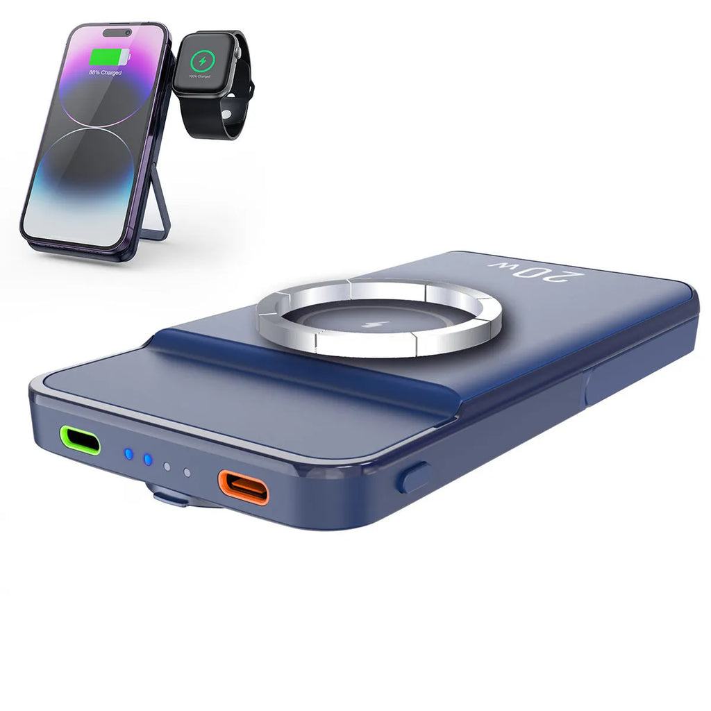Black magnetic wireless power bank with bracket, 10000mAh capacity, industrial design