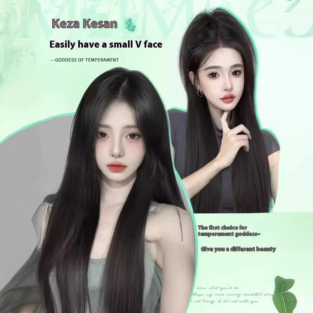 Women's fluffy full-head wig with forehead lace construction in brown black colour with natural hairline appearance