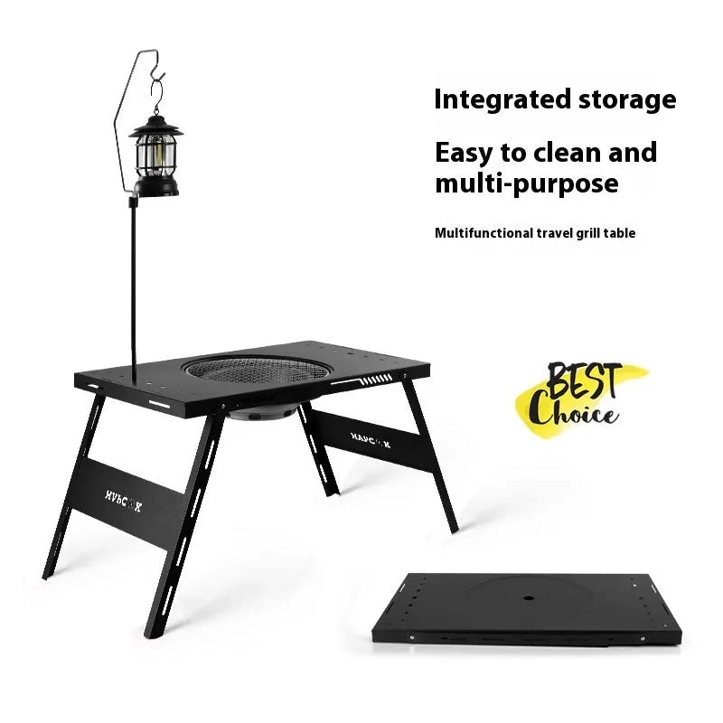 Black steel folding barbecue table with grill for outdoor cooking