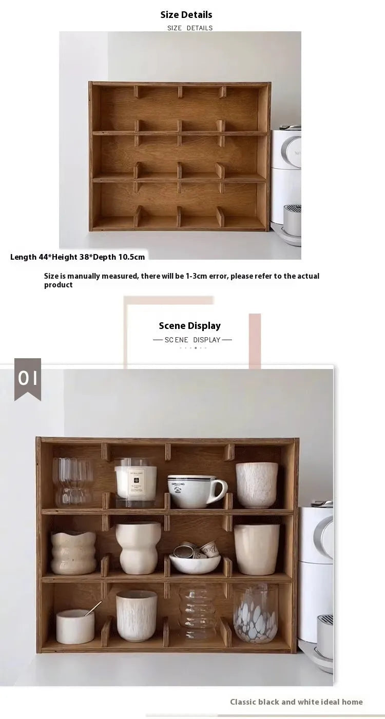 Square solid wood cup storage rack with multiple grids in natural birch wood colour.