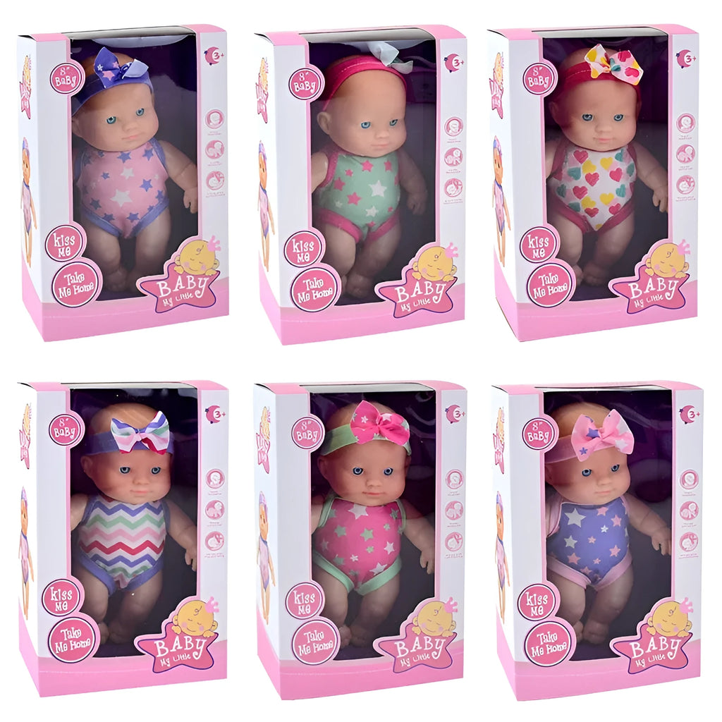 Simulation baby vinyl figurine doll measuring 21.5cm tall, displayed in one of six available colour finishes.