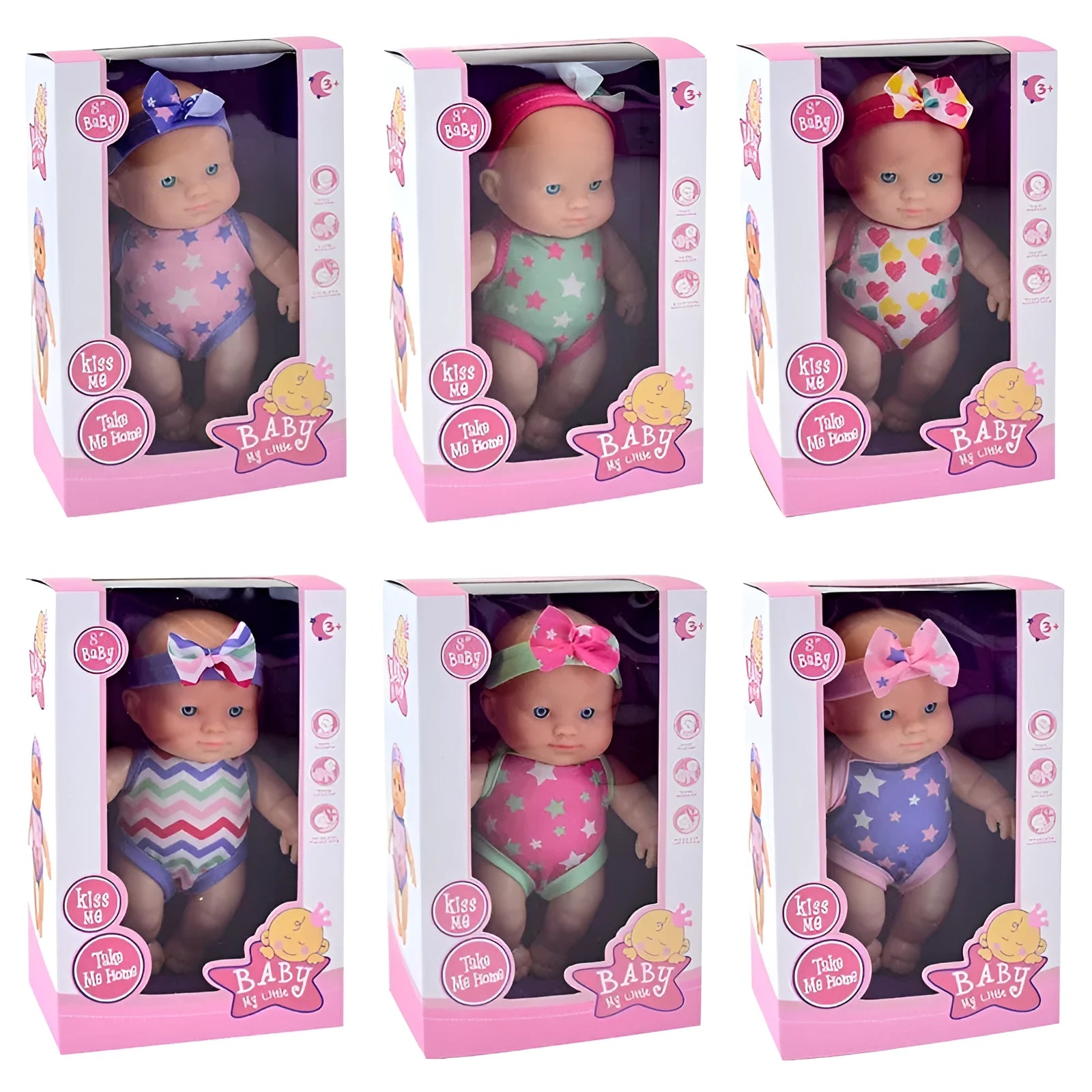 Simulation baby vinyl figurine doll measuring 21.5cm tall, displayed in one of six available colour finishes.