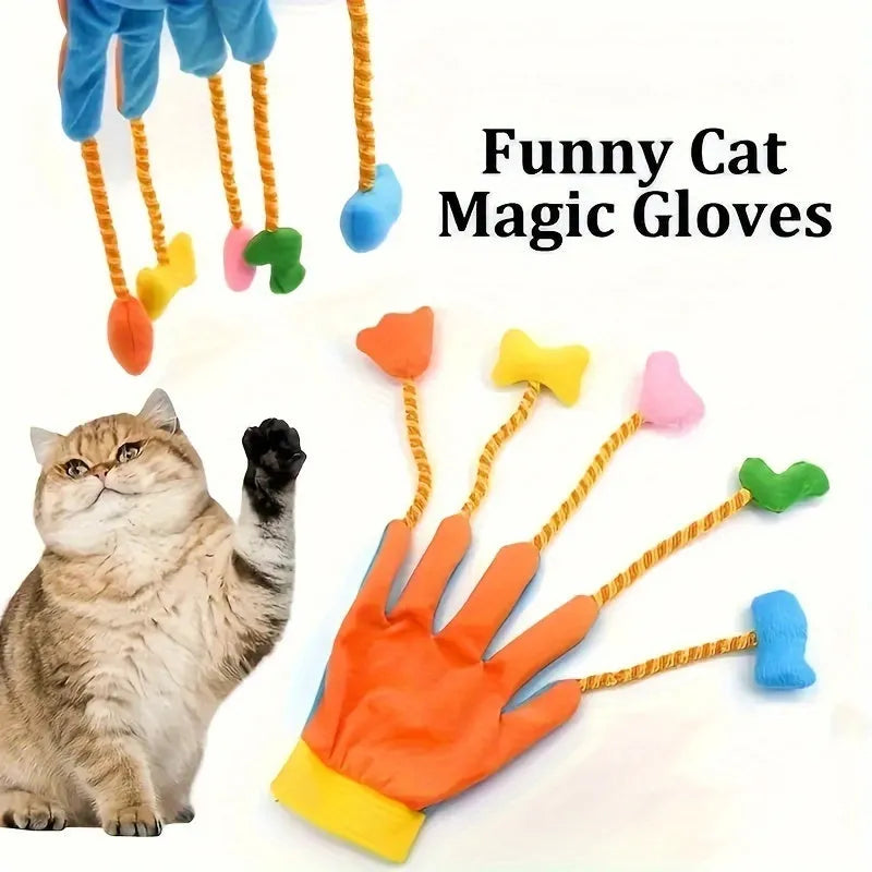 Yellow and blue plush magic glove toy for cats with a bell, shown next to a tape measure indicating its 40 cm length.