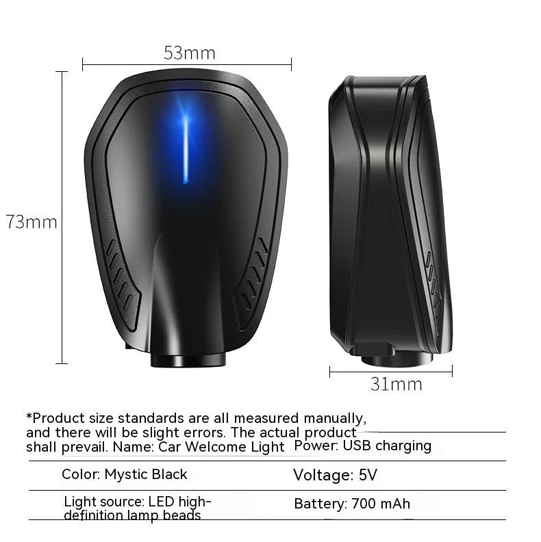 F2 rechargeable wireless car welcome light in black colour with ABS plastic housing