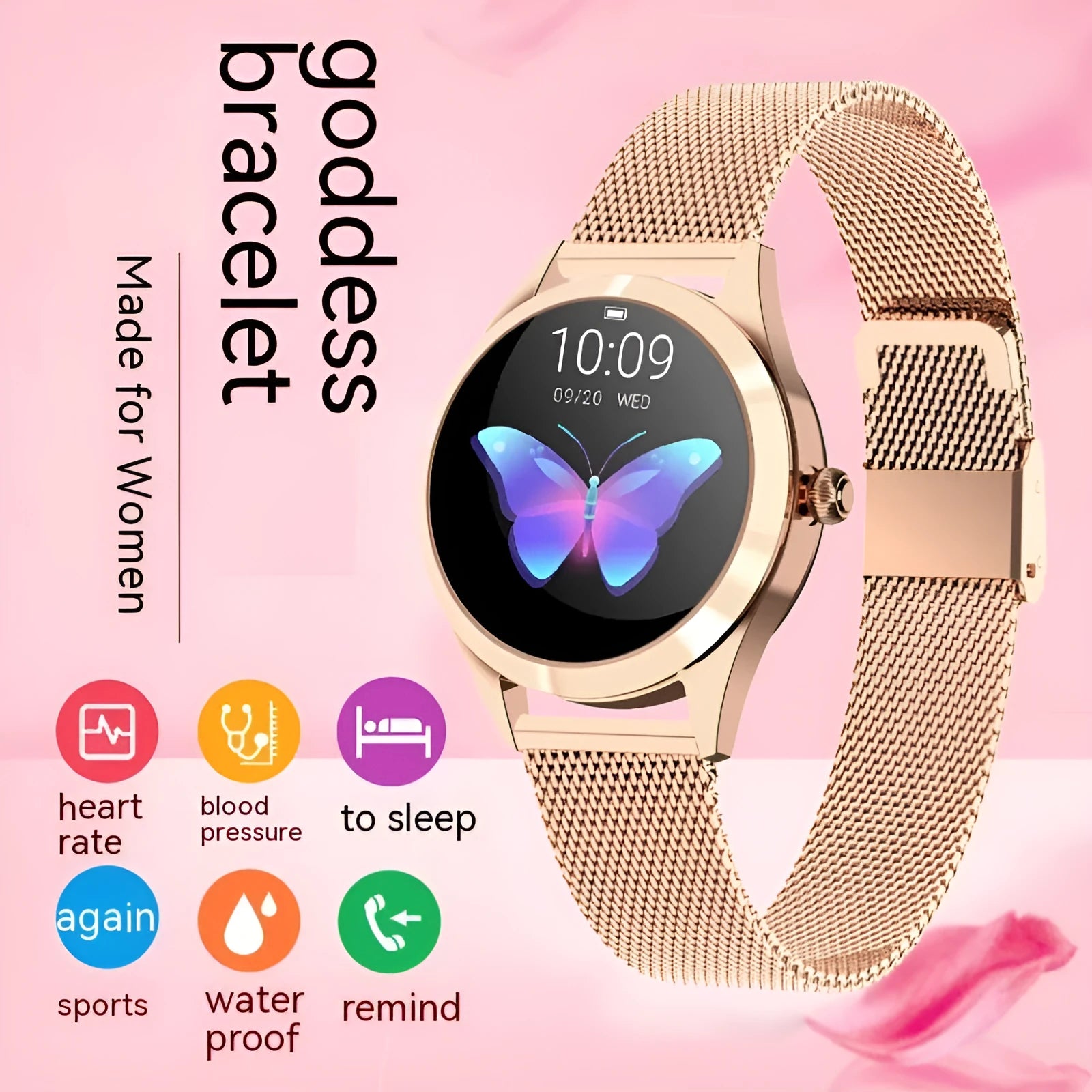 Women's multi-functional smartwatch in black, rose gold, silver, or white with heart rate monitoring.
