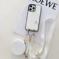Black PC leather iPhone case with a visible card slot and a lanyard loop on the corner.