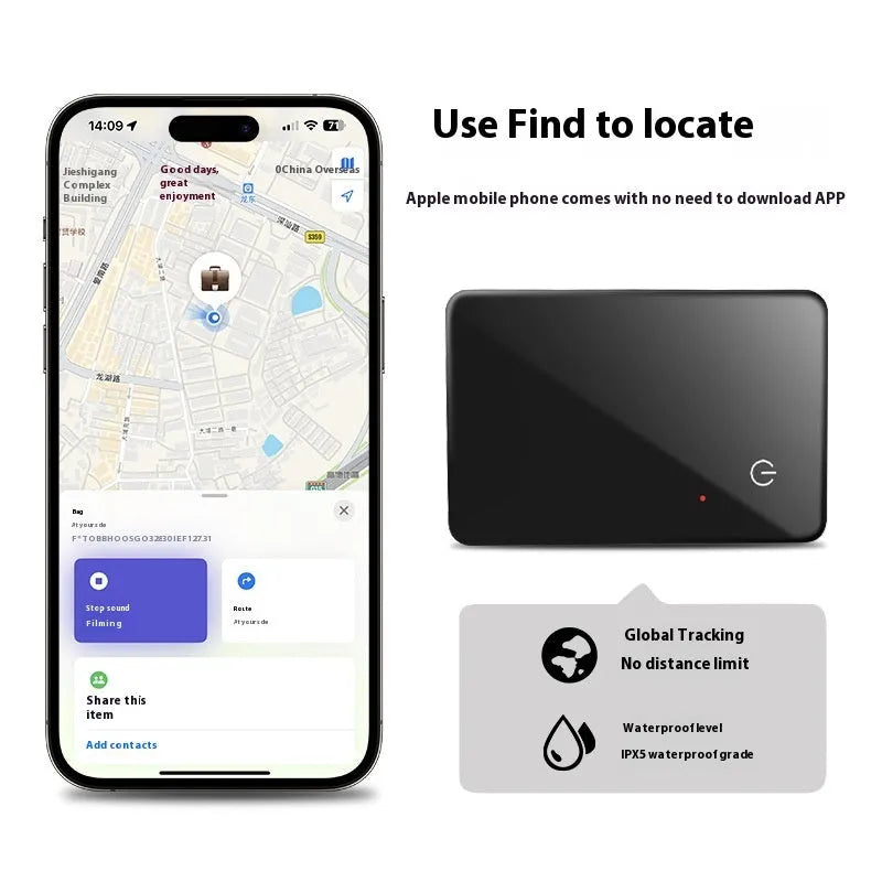 Black plastic pet tracking device with card shape, hanging hole, and wireless charging via NFC interface