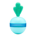 Blue and green durable rubber dog treat dispensing ball toy with small holes