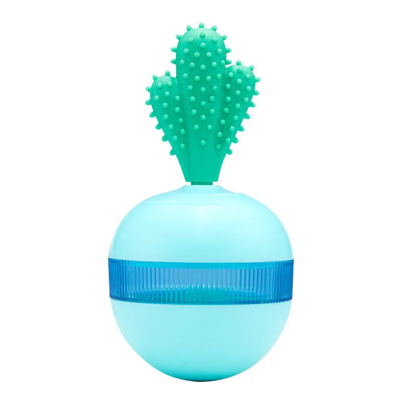 Blue and green durable rubber dog treat dispensing ball toy with small holes