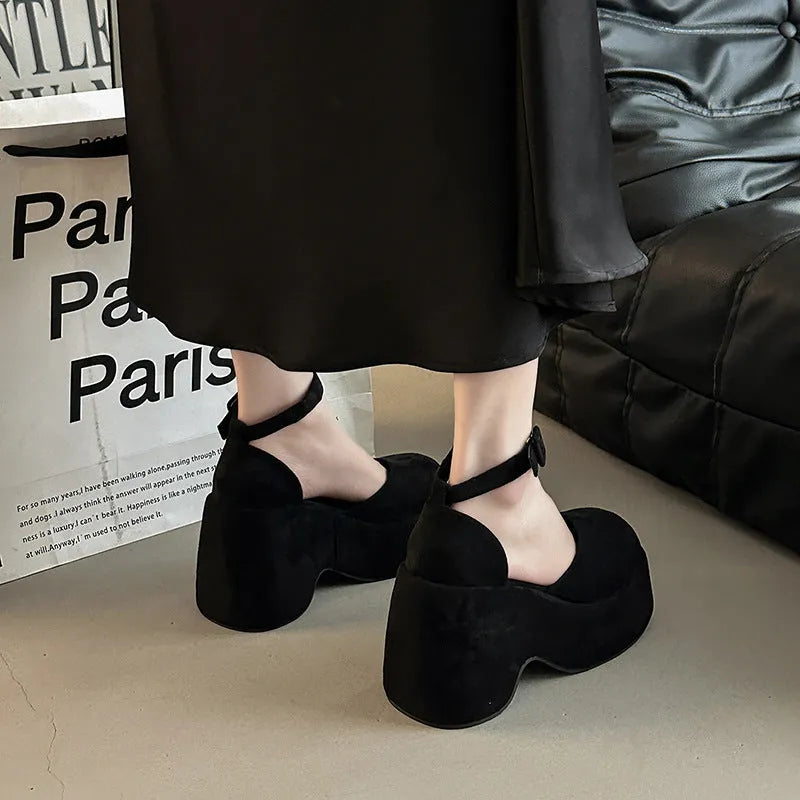 Women's closed toe court shoes with suede upper, thick short stout heel over 8cm, round toe, black or khaki