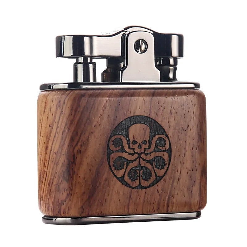 Vintage wooden kerosene lighter with retro cotton oil mechanism, 53x50x20 mm, in gift box