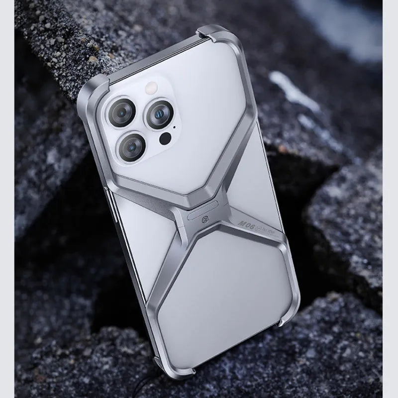 Aluminium alloy hollow-out frameless iPhone case in silver, gray, deep space gray, and titanium gold, model M06
