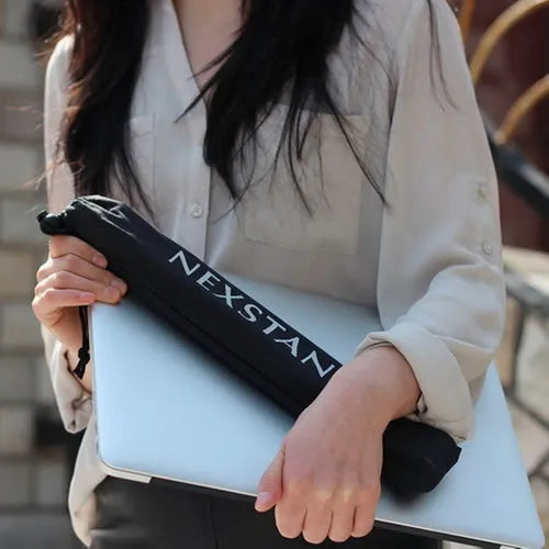 Black foldable portable laptop stand made of enhanced nylon with carrying case