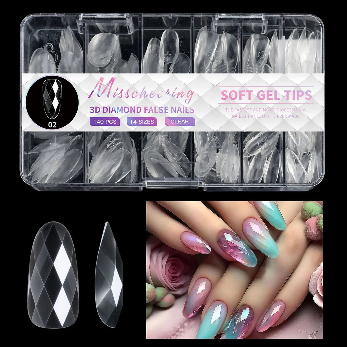 Set of 3D diamond texture long artificial nail tips in various colours from Diamond Nail collections.