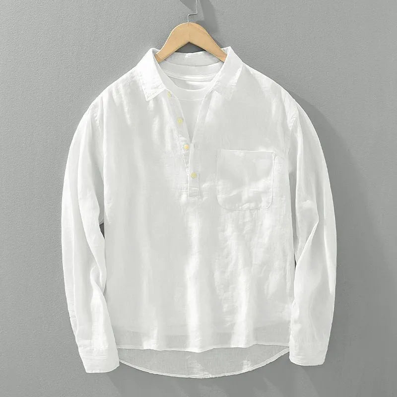 Men's Japanese-style long sleeve linen pullover shirt with square collar, fleece lining, white or sapphire blue