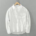 Men's Japanese-style long sleeve linen pullover shirt with square collar, fleece lining, white or sapphire blue