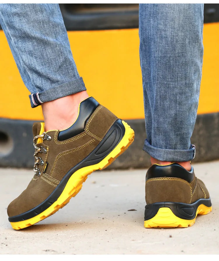Men's bronze cowhide steel toe safety work boots with anti-skid sole.