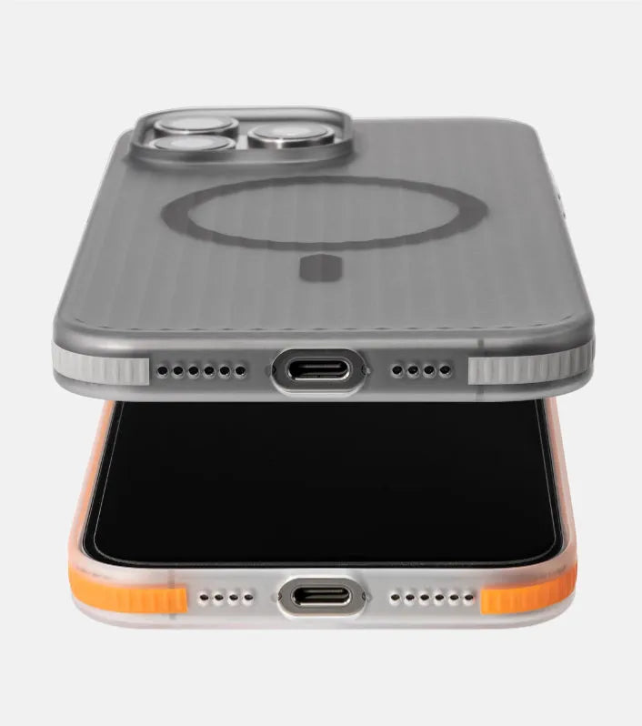 Transparent black magnetic phone case with striped anti-slip bar for iPhone 13, 14, 15 models.