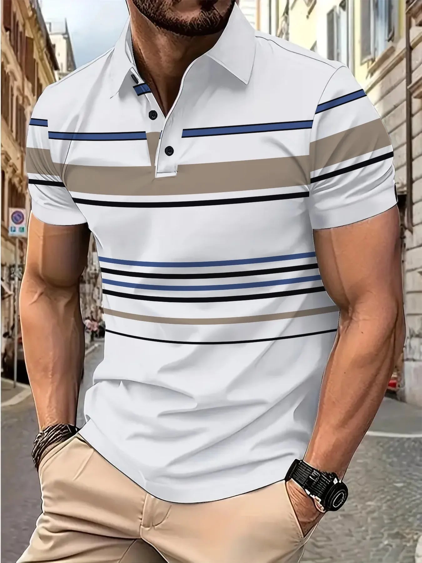 Men's white striped polyester short sleeve t-shirt for summer business casual wear