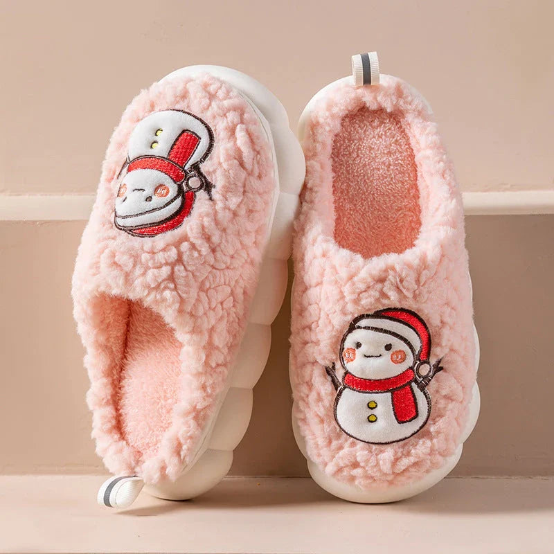 Cozy snowman-designed slippers with plush upper and anti-slip sole for indoor winter wear