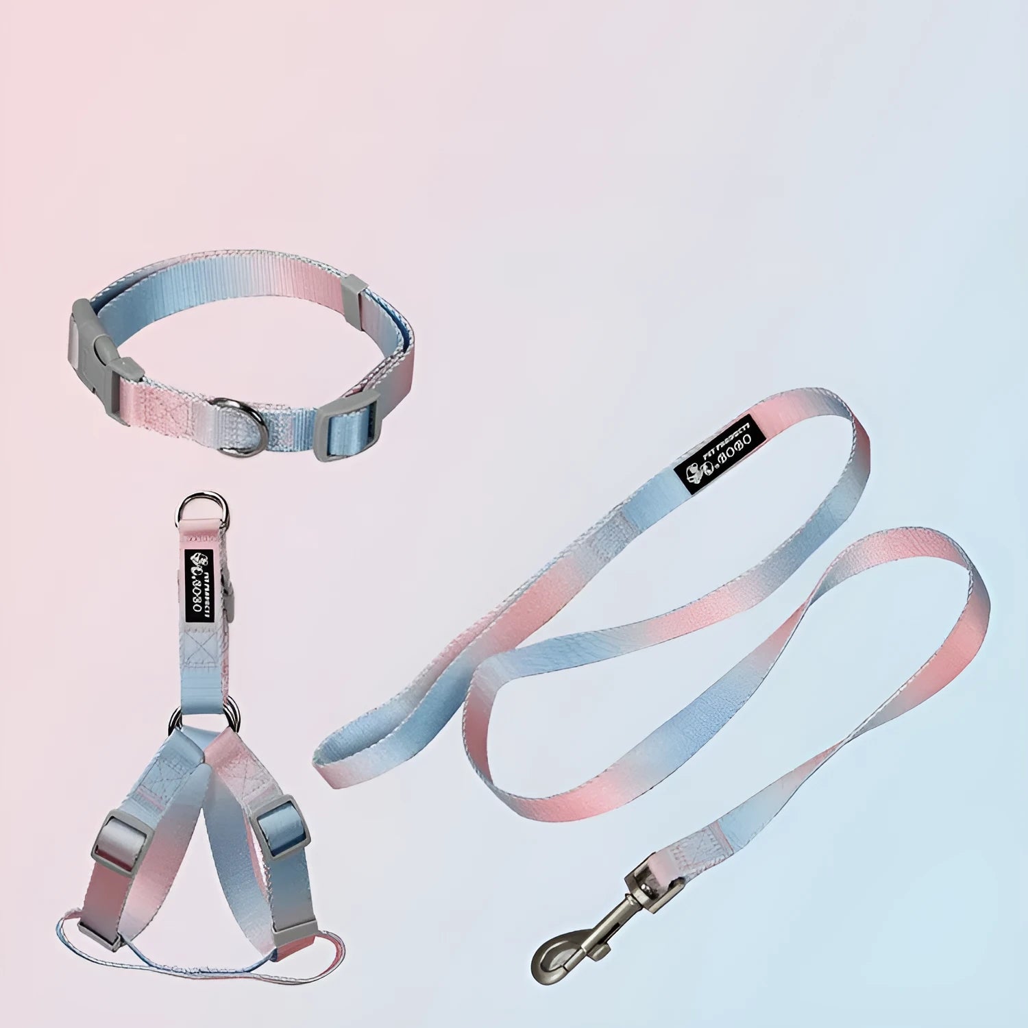 Gradient colour nylon dog leash and collar set showing blended pink, blue, yellow, purple, and green hues