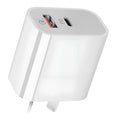 White Australian dual-port USB charger with USB-A and USB-C ports showing Australian plug