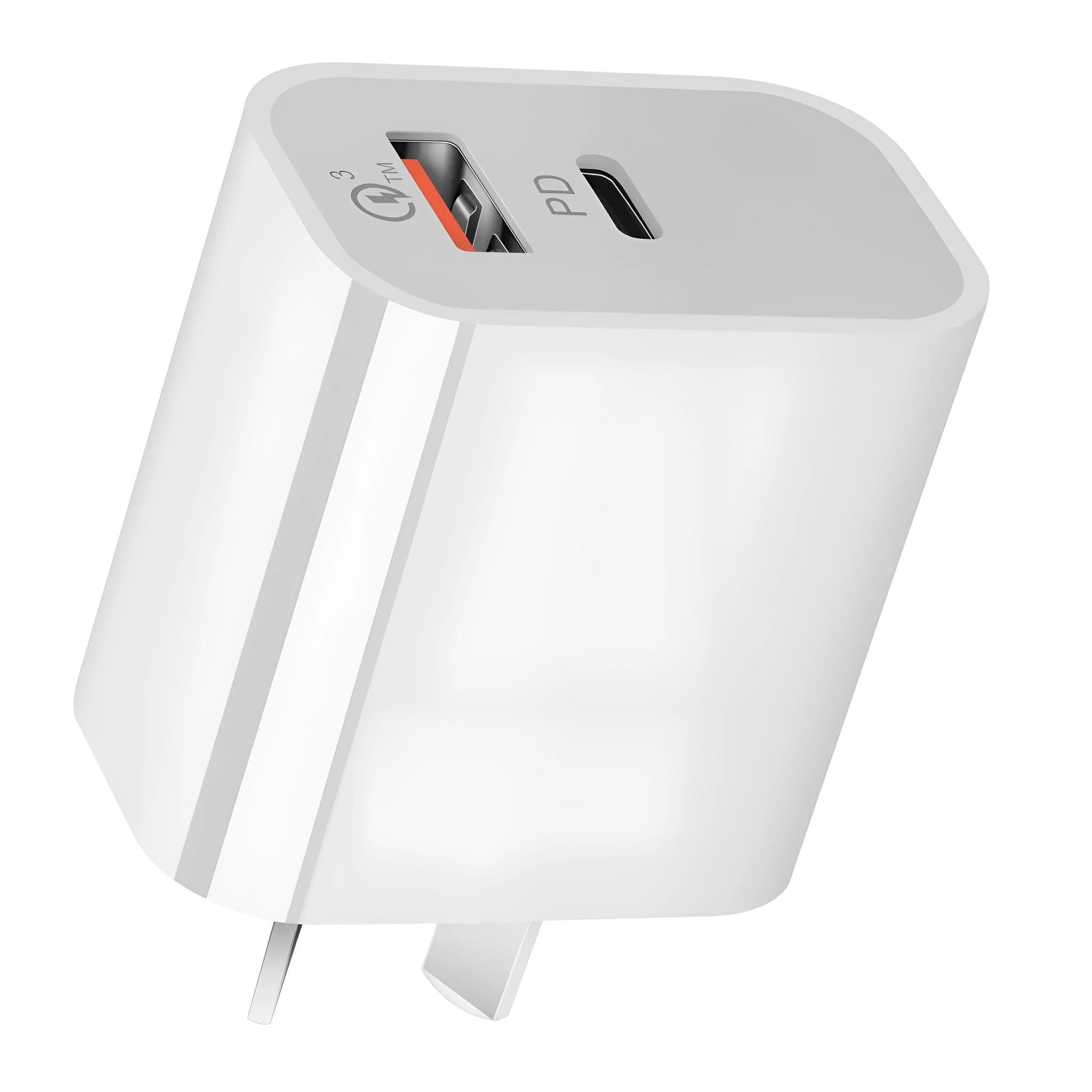White Australian dual-port USB charger with USB-A and USB-C ports showing Australian plug