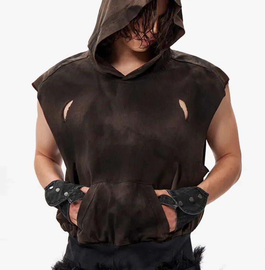 Khaki coloured cotton short hooded vest with short sleeves on a hanger.