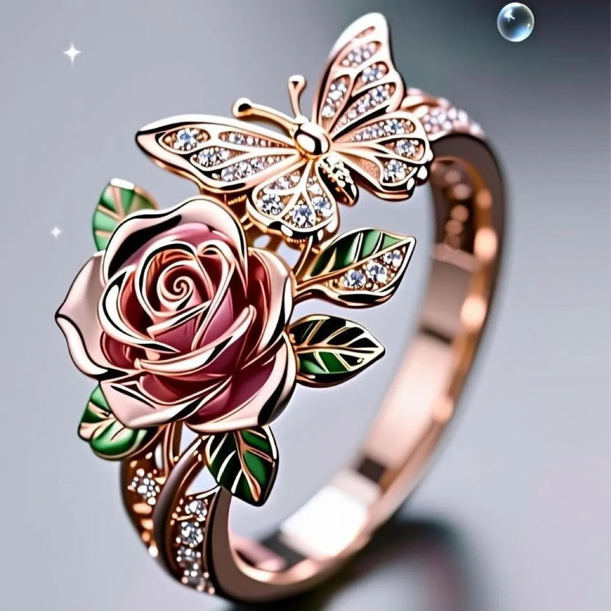 Adjustable colourful butterfly ring with oil droplet treatment and floral detailing