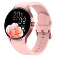 46mm diameter smart sport watch with round touchscreen displayed in black, blue, pink, or red colour options