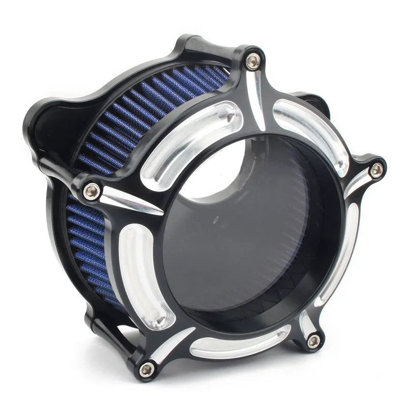 Aluminium air filter housing for car retrofit in various colour options including blue, red, and black.