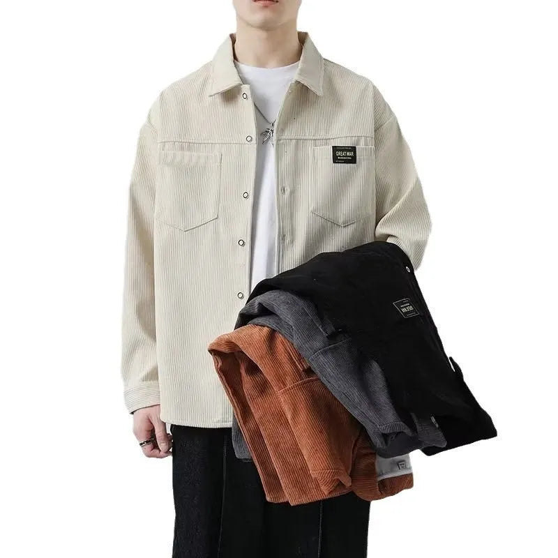 Men's long sleeve corduroy cardigan jacket in black, shown as a casual layering piece.
