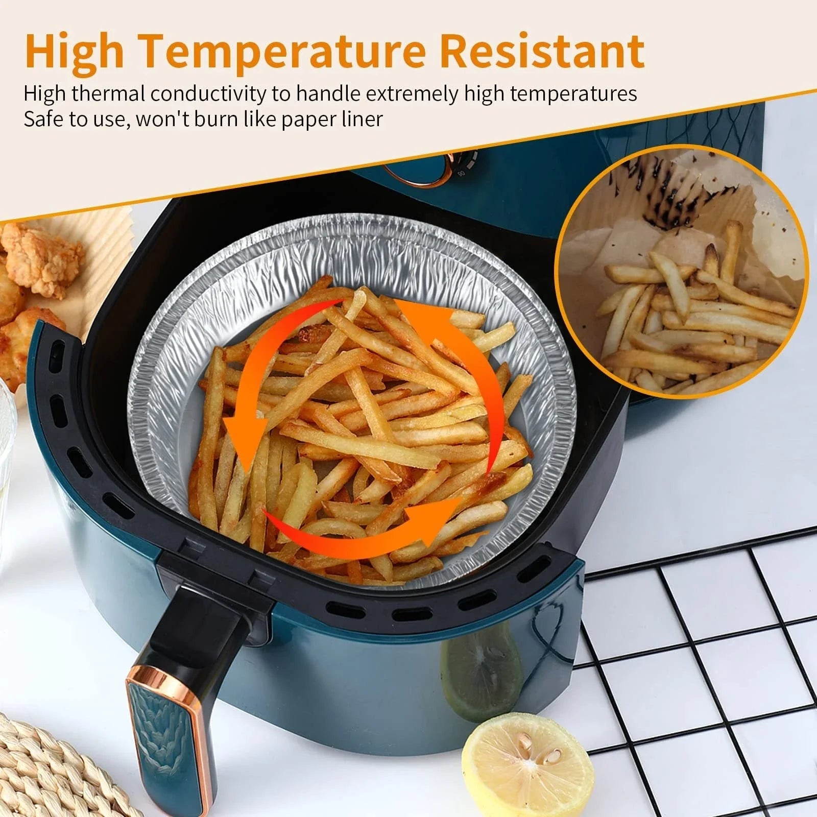 Durable aluminum foil air fryer liners in various sizes, perfect for keeping your appliance clean and well-maintained.