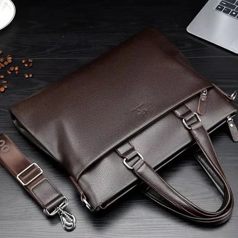 Men's black and brown PU leather shoulder messenger bag with splicing details