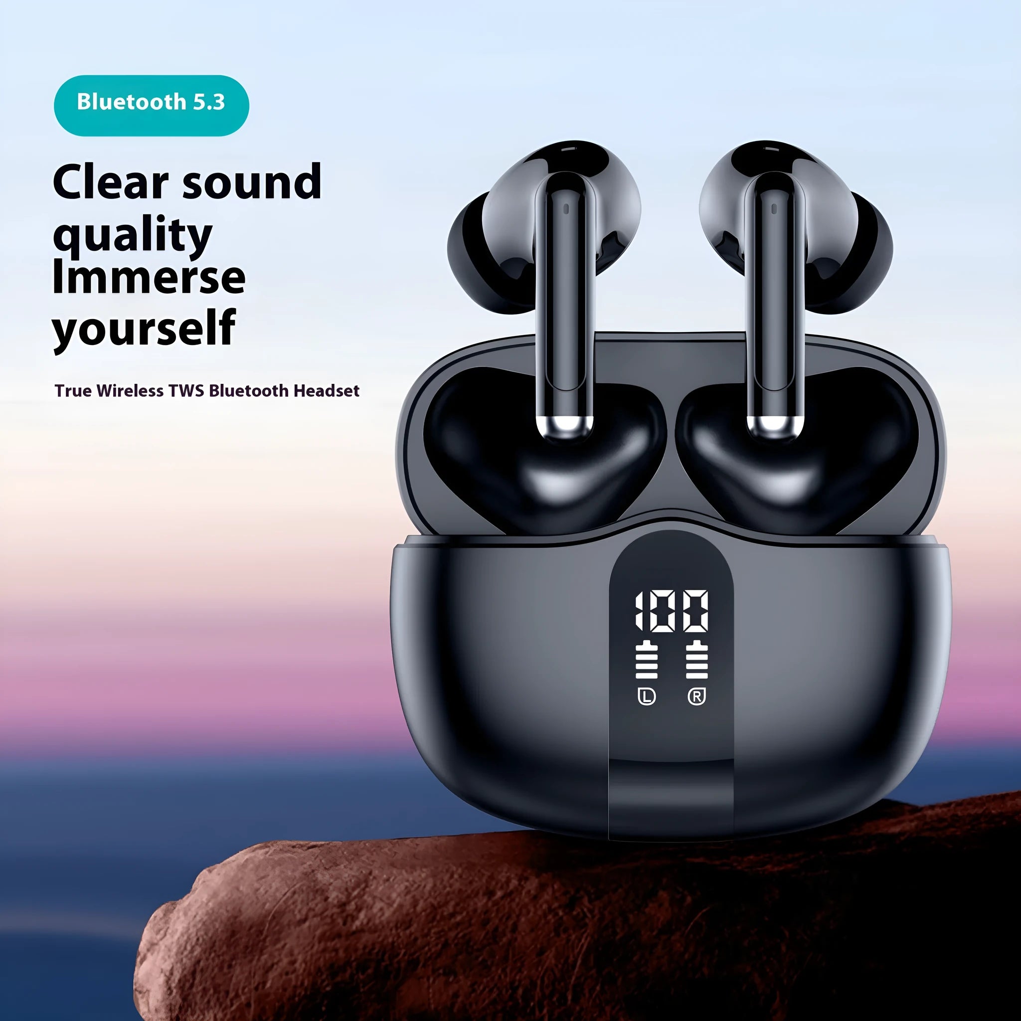 MOQ2000 noise canceling sports Bluetooth earbuds in black with charging case, Type-C interface