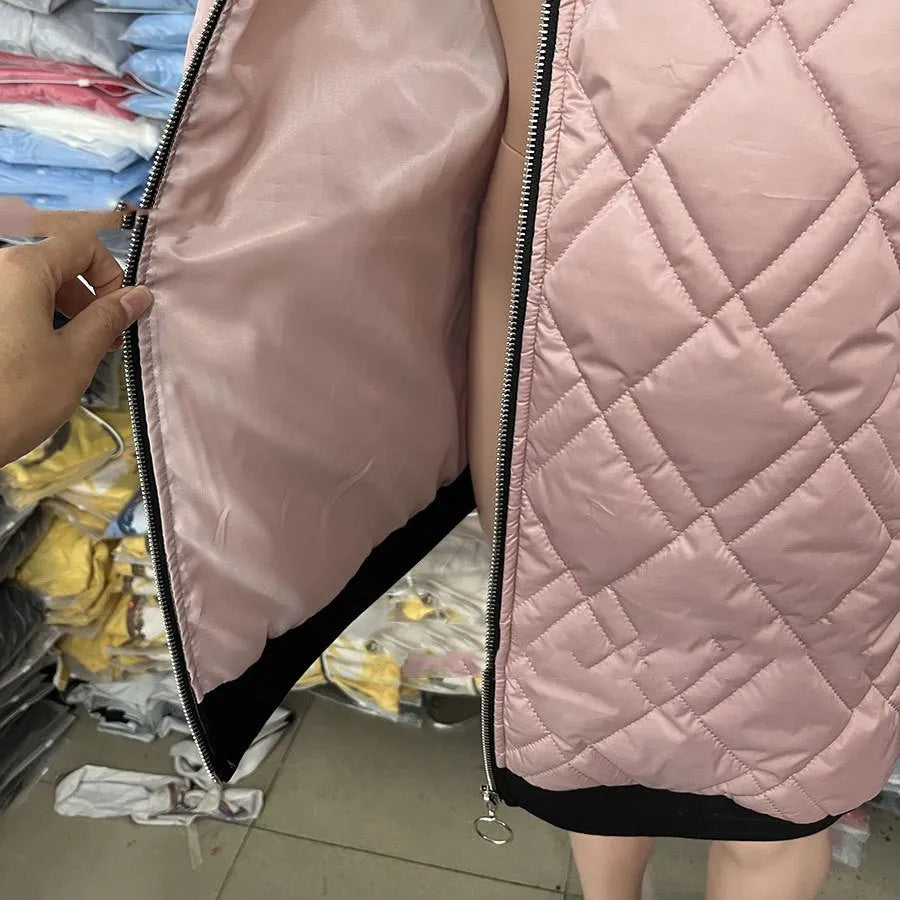 Women's casual hooded coat in black or pink, made from cotton-polyester blend fabric.